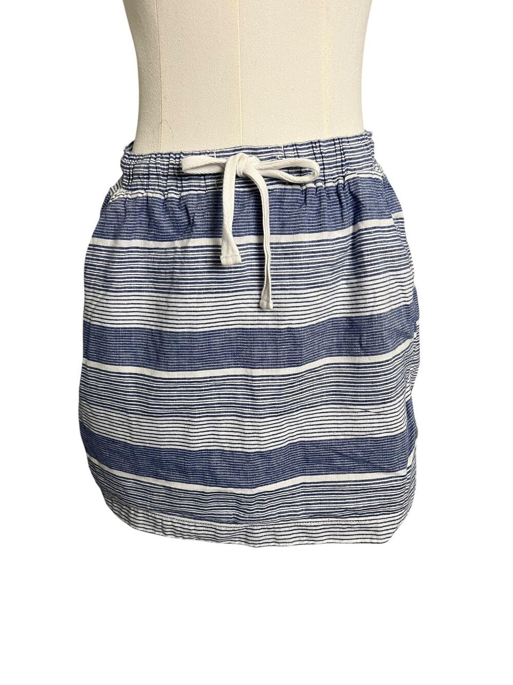 Gap Skirt Womens Small Blue White Stripe Linen Blend Drawstring Pockets Casual